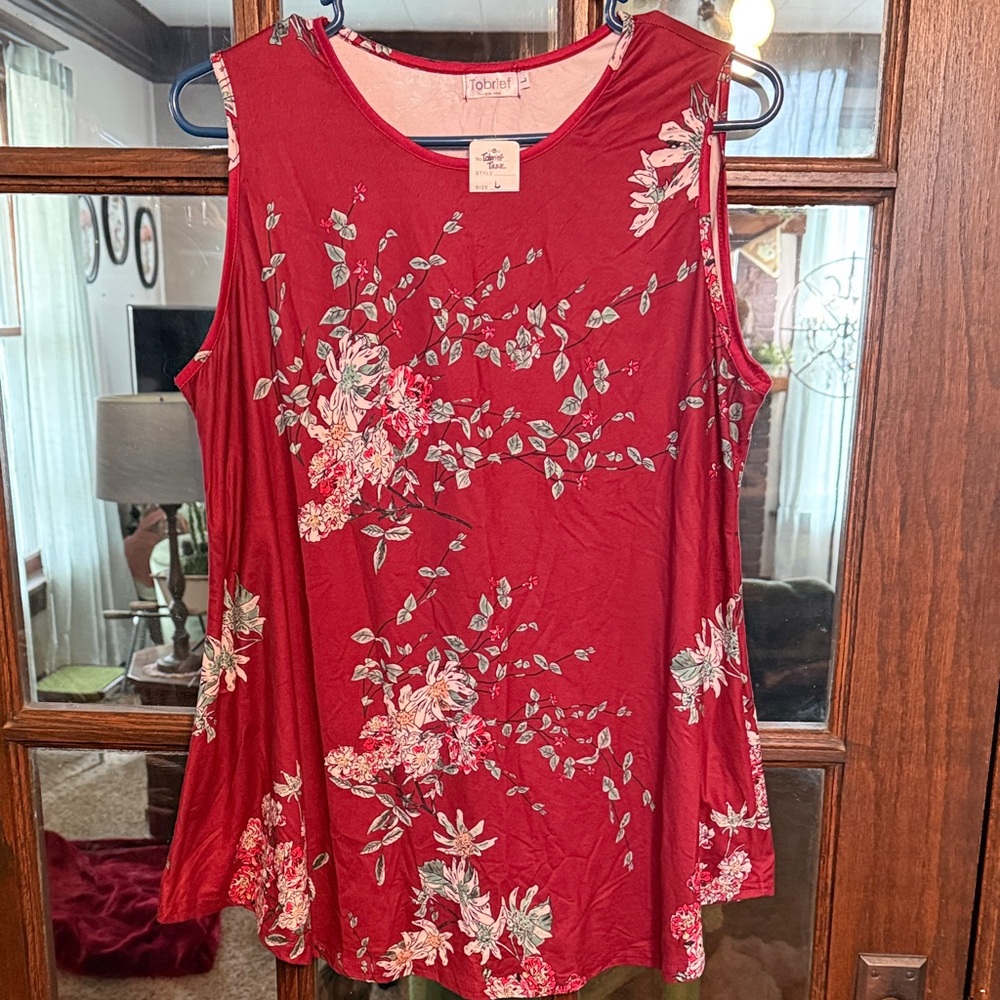 Tobrief Womens Red Floral Print Sleeveless Tank Top Round Neck Casual Size L NEW